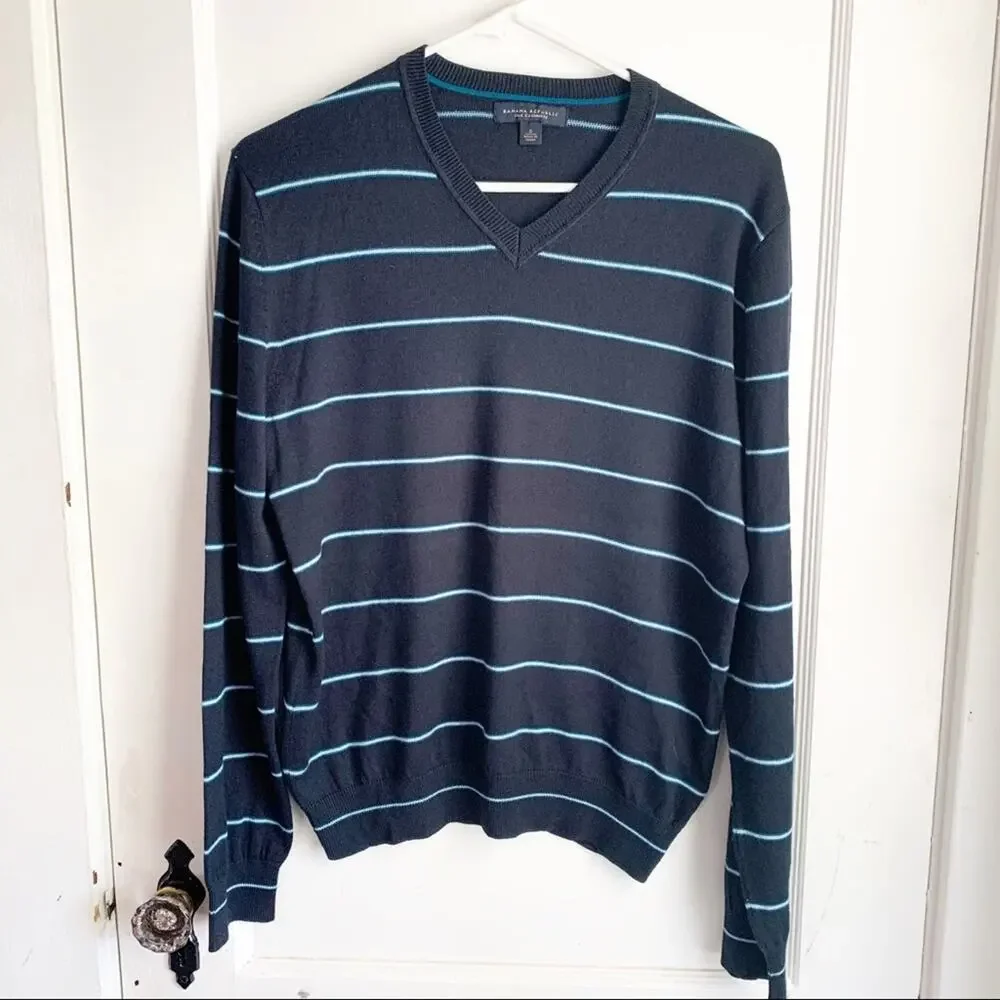 Banana Republic Men’s Silk Cashmere Long Sleeve Striped V-Neck Navy Sweater S